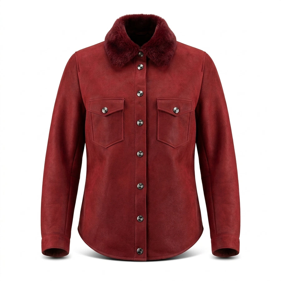 Vesper Women's Red Fur Lined Leather Shirt Jacket