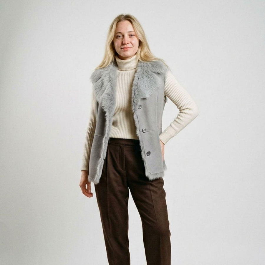 Pluma Women's Light Grey Faux Fur Collar Vest