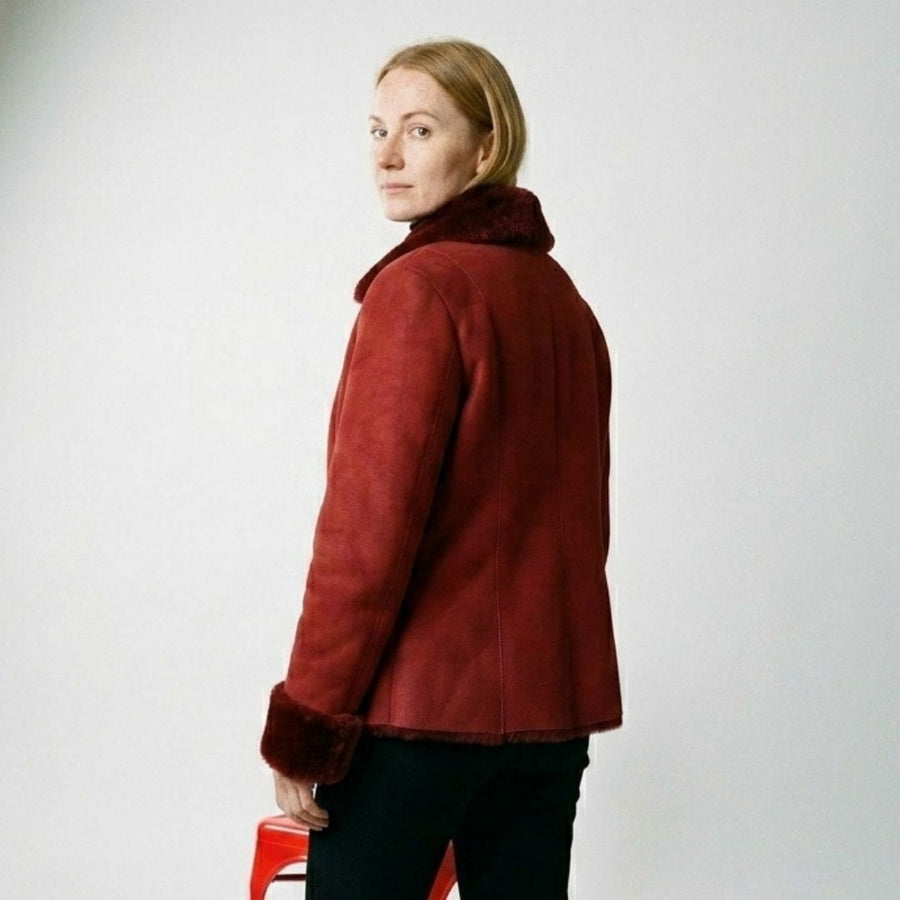 Rubra Women's Red Fur Collar Zipper Jacket