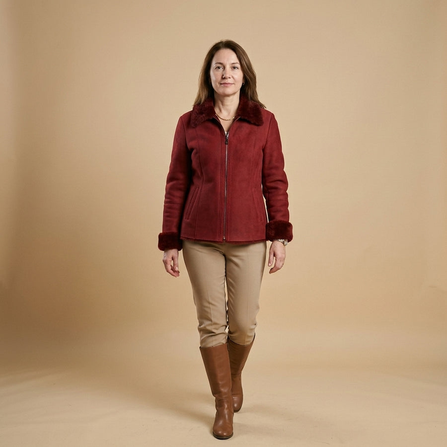 Rubra Women's Red Fur Collar Zipper Jacket