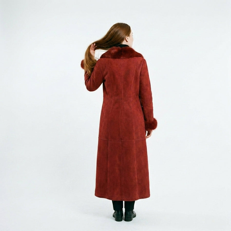 Aurora Women's Red Long Leather Jacket with Fur Collar