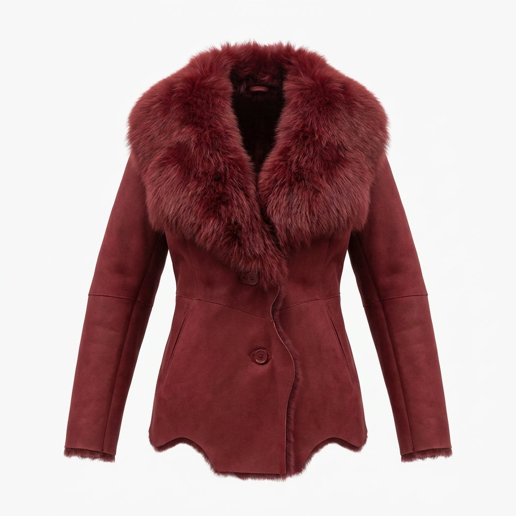 Flamma Women's Red Mid-Length Jacket with Fur Collar
