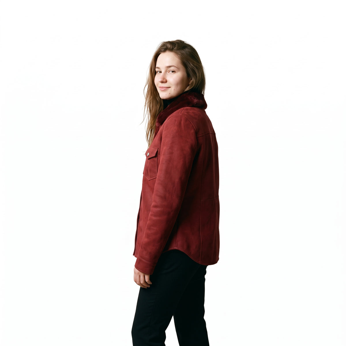 Vesper Women's Red Fur Lined Leather Shirt Jacket