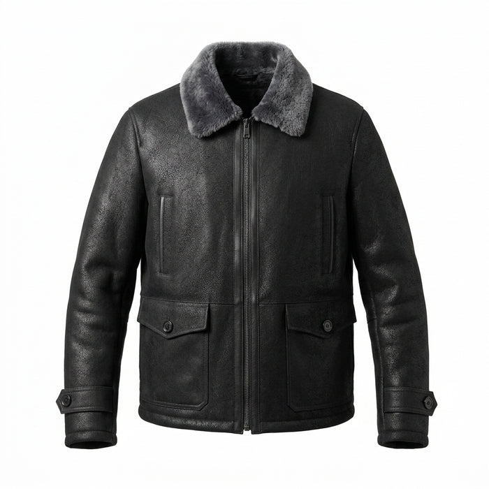 Corvus Men's Black Leather Jacket with Fur Collar