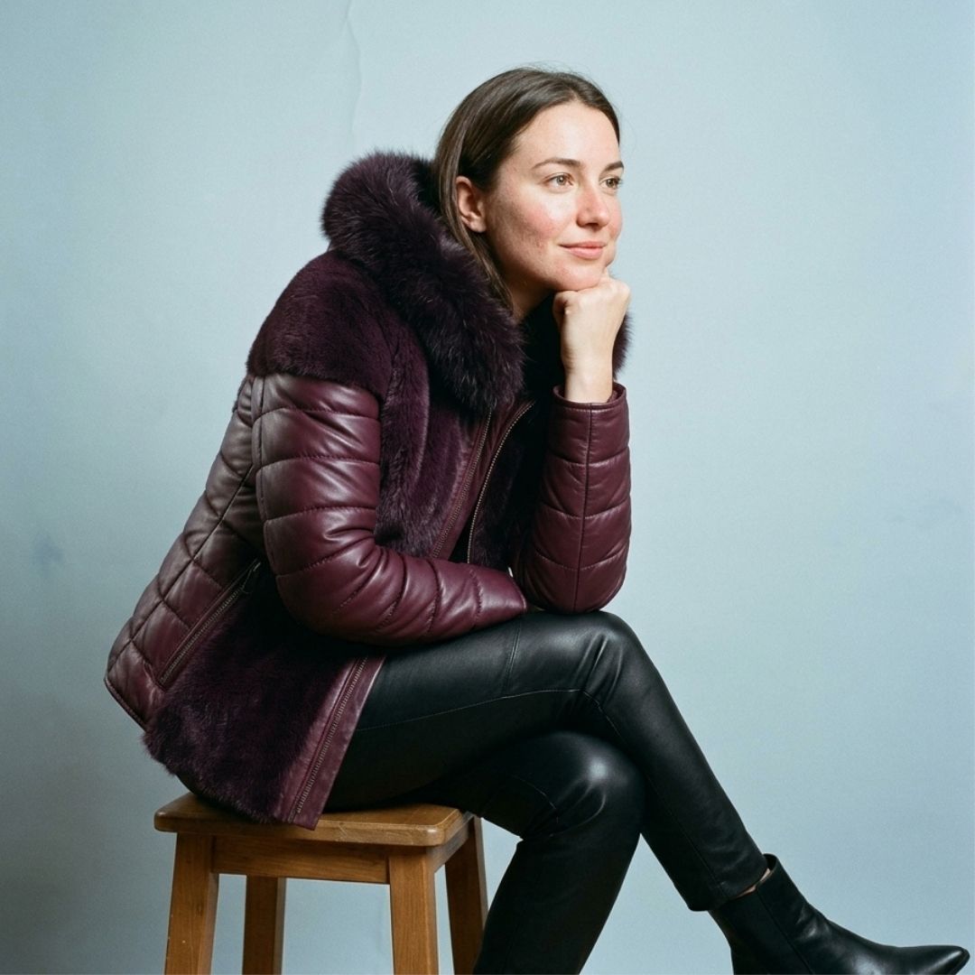 Purpura Women's Burgundy Fur-Trimmed Leather Jacket