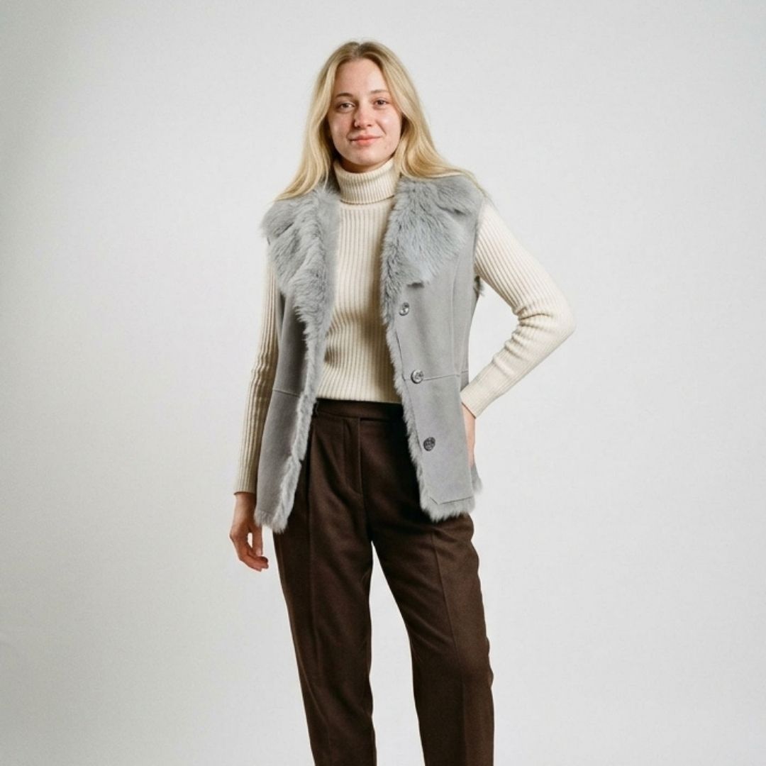 Pluma Women's Light Grey Faux Fur Collar Vest