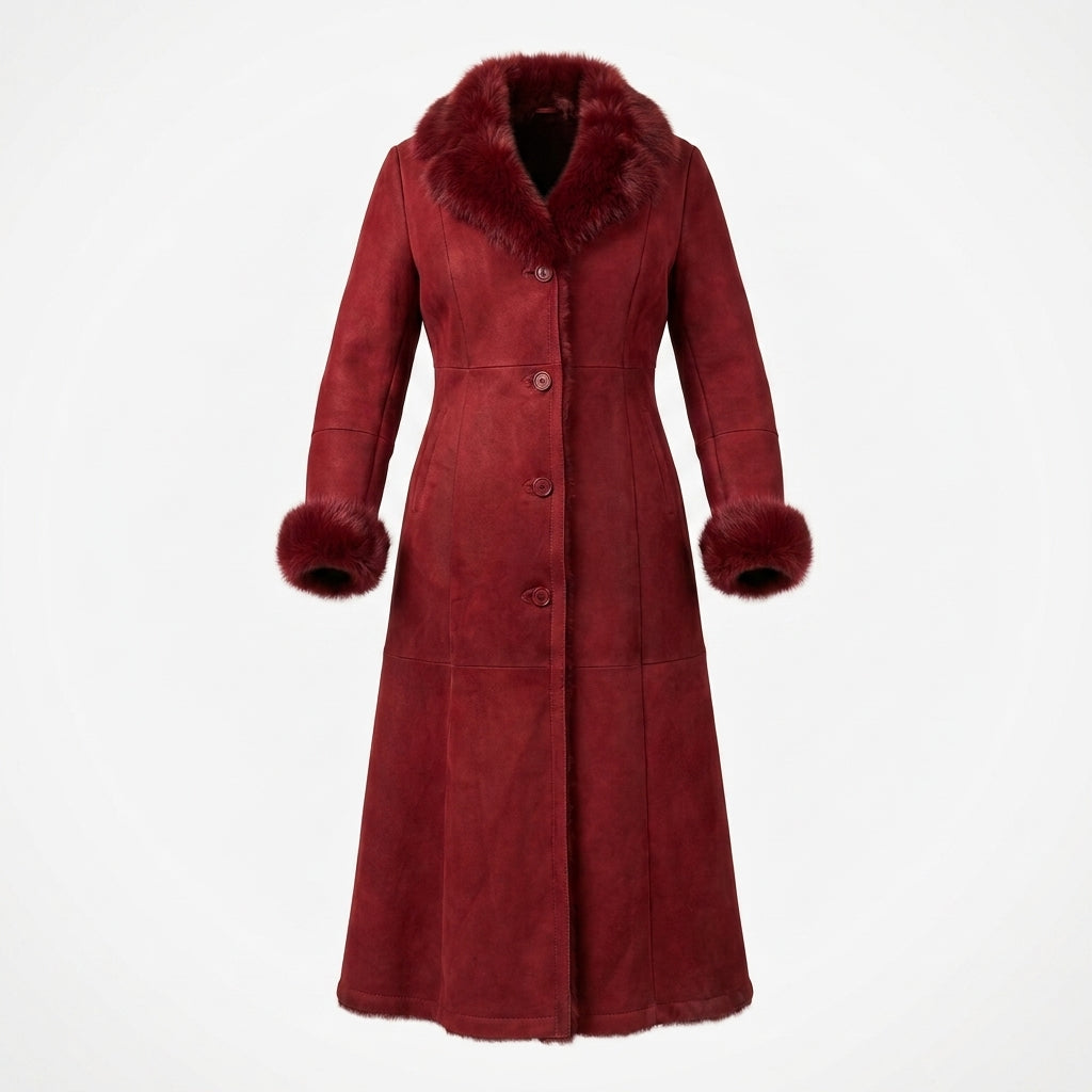 Aurora Women's Red Long Leather Jacket with Fur Collar