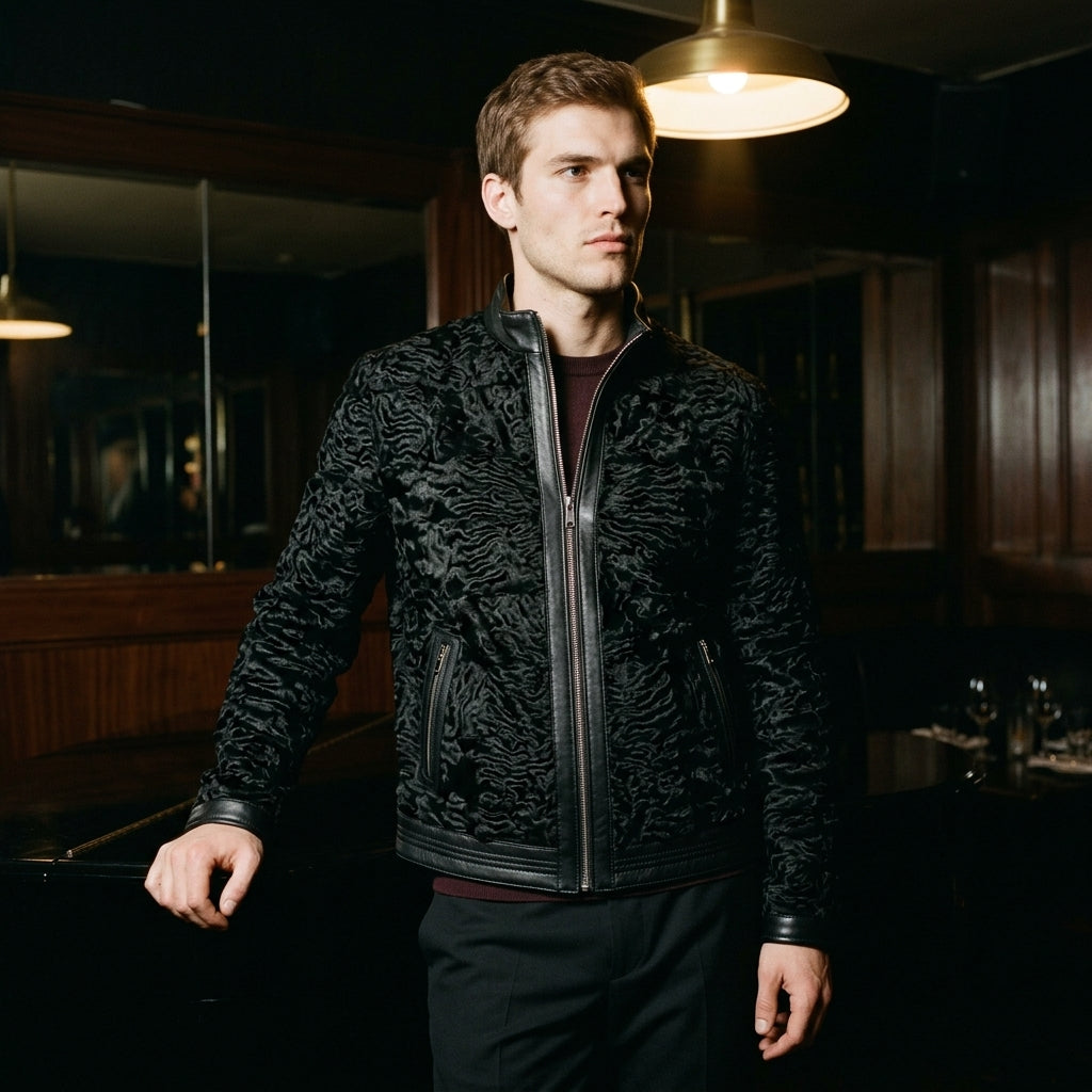 Ater Men's Black Patterned Fur Jacket