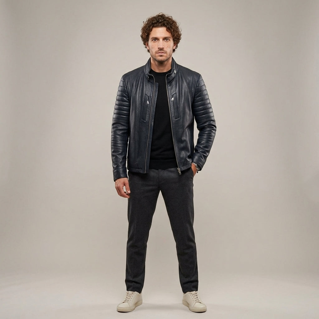 TERMESSOS — Lacivert Deri Biker Ceket