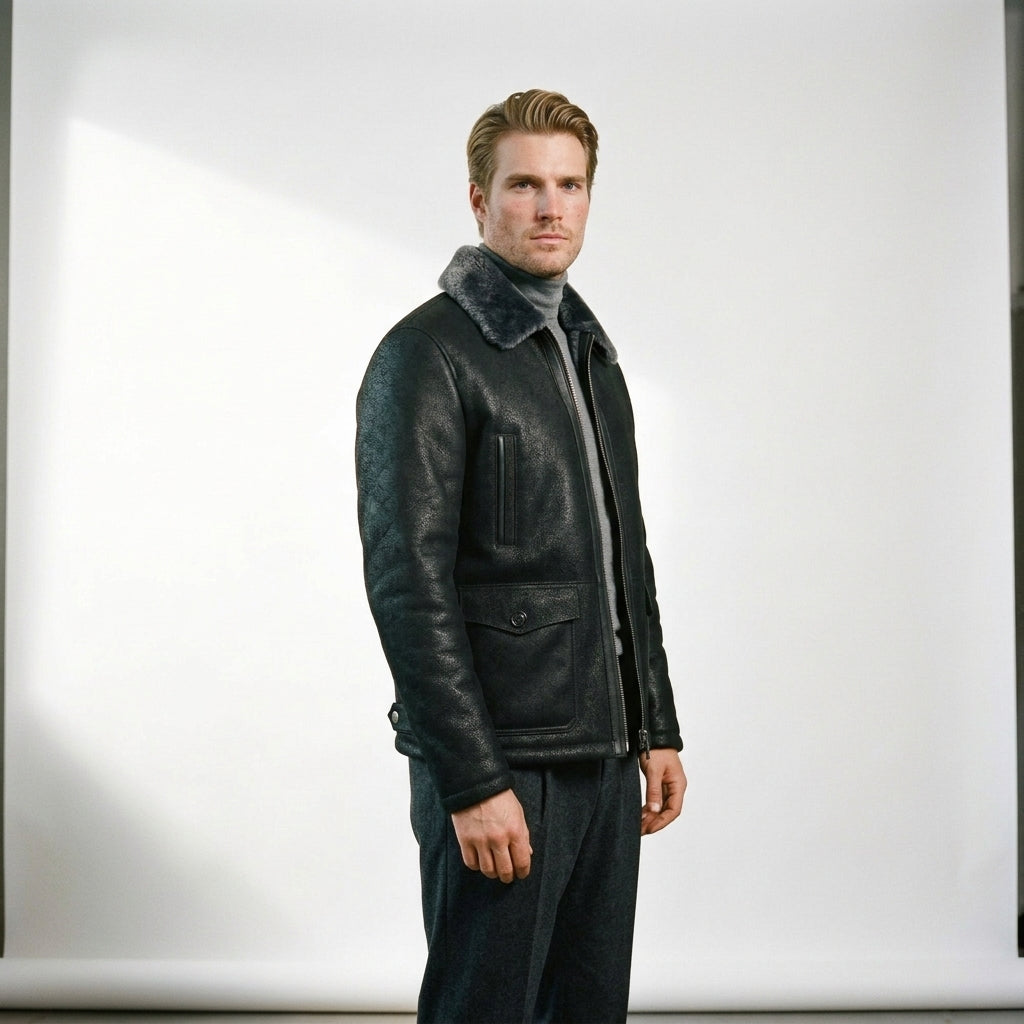 Corvus Men's Black Leather Jacket with Fur Collar