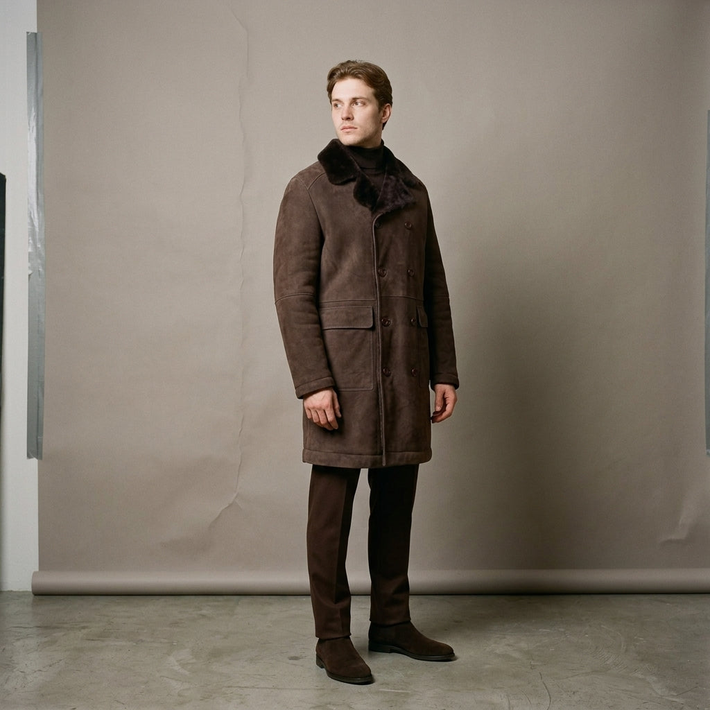 Aquilo Men's Long Suede Jacket with Fur Collar