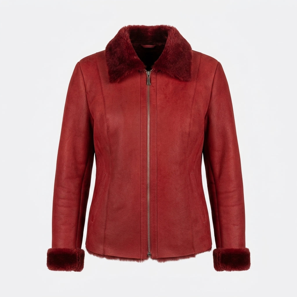 Rubra Women's Red Fur Collar Zipper Jacket