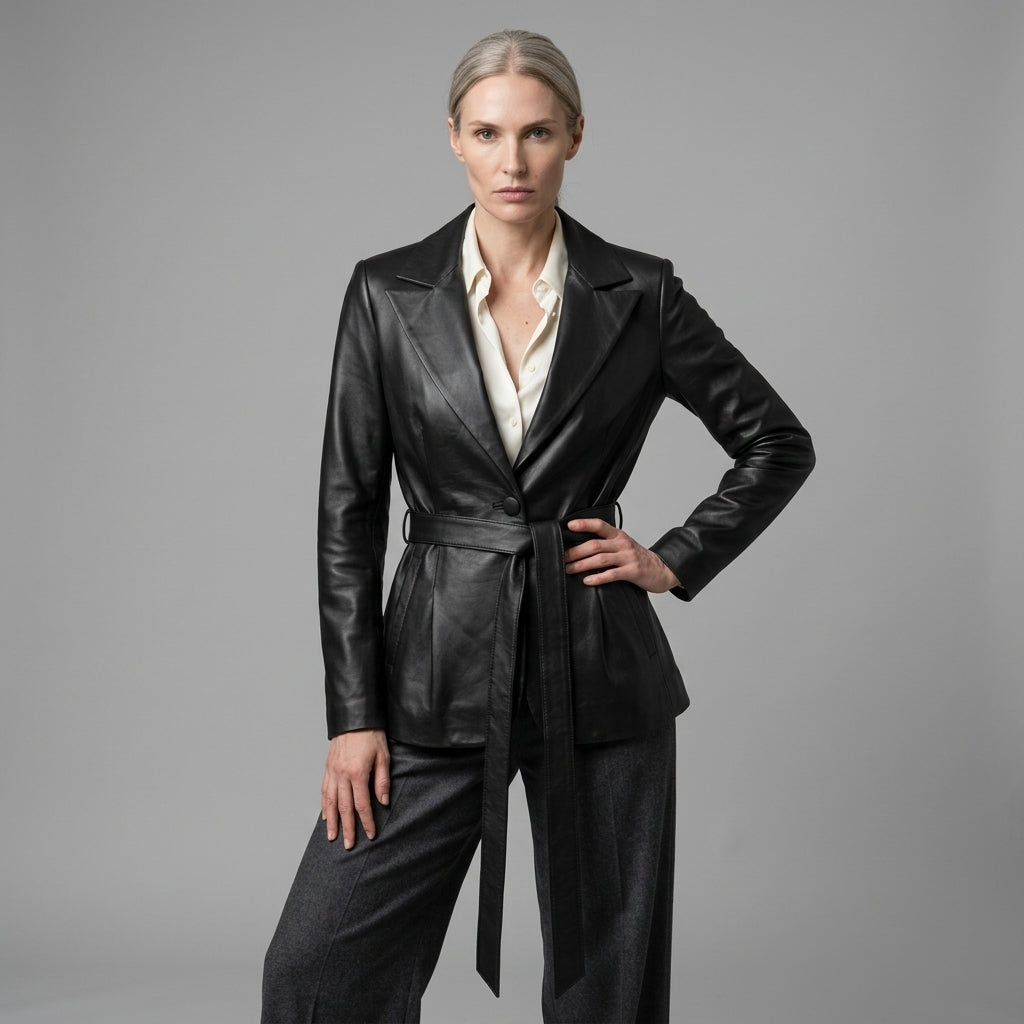 SMYRNA — Kuşaklı Siyah Deri Blazer