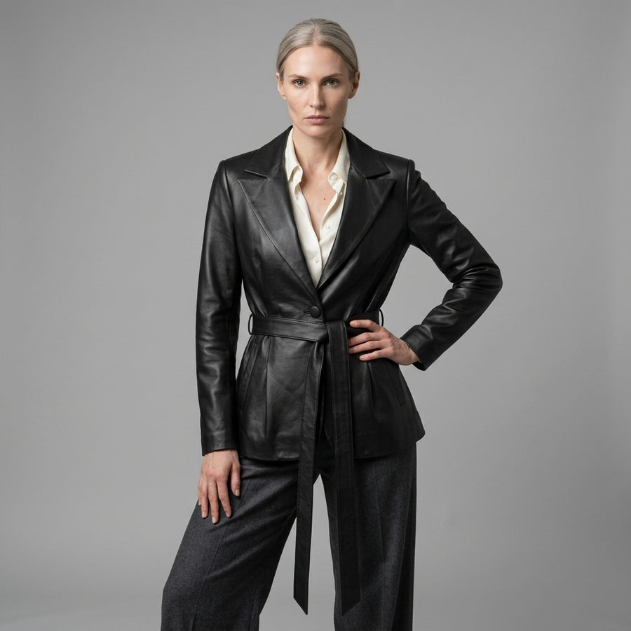 SMYRNA — Kuşaklı Siyah Deri Blazer