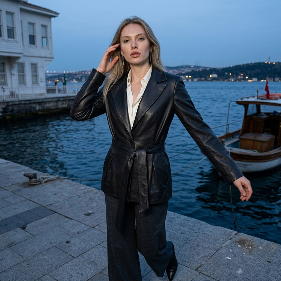 SMYRNA — Kuşaklı Siyah Deri Blazer