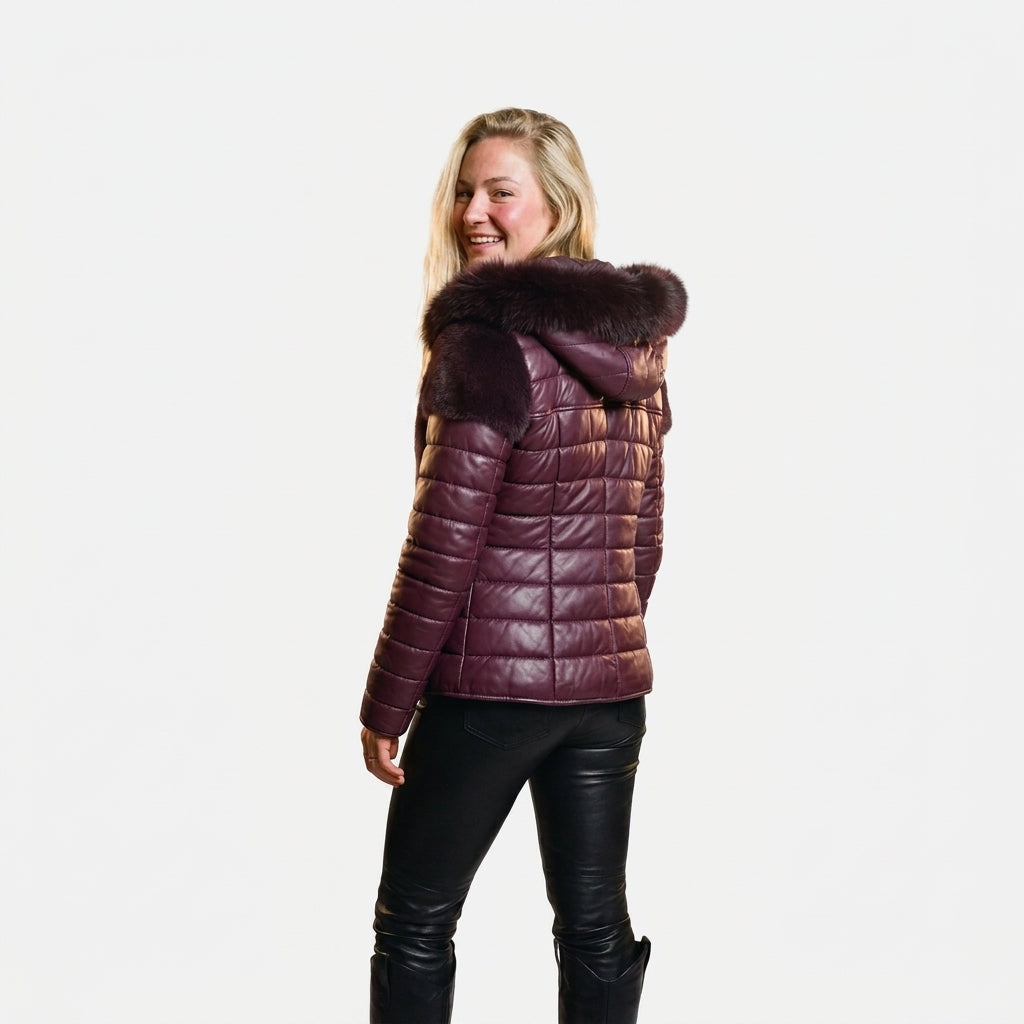 Purpura Women's Burgundy Fur-Trimmed Leather Jacket